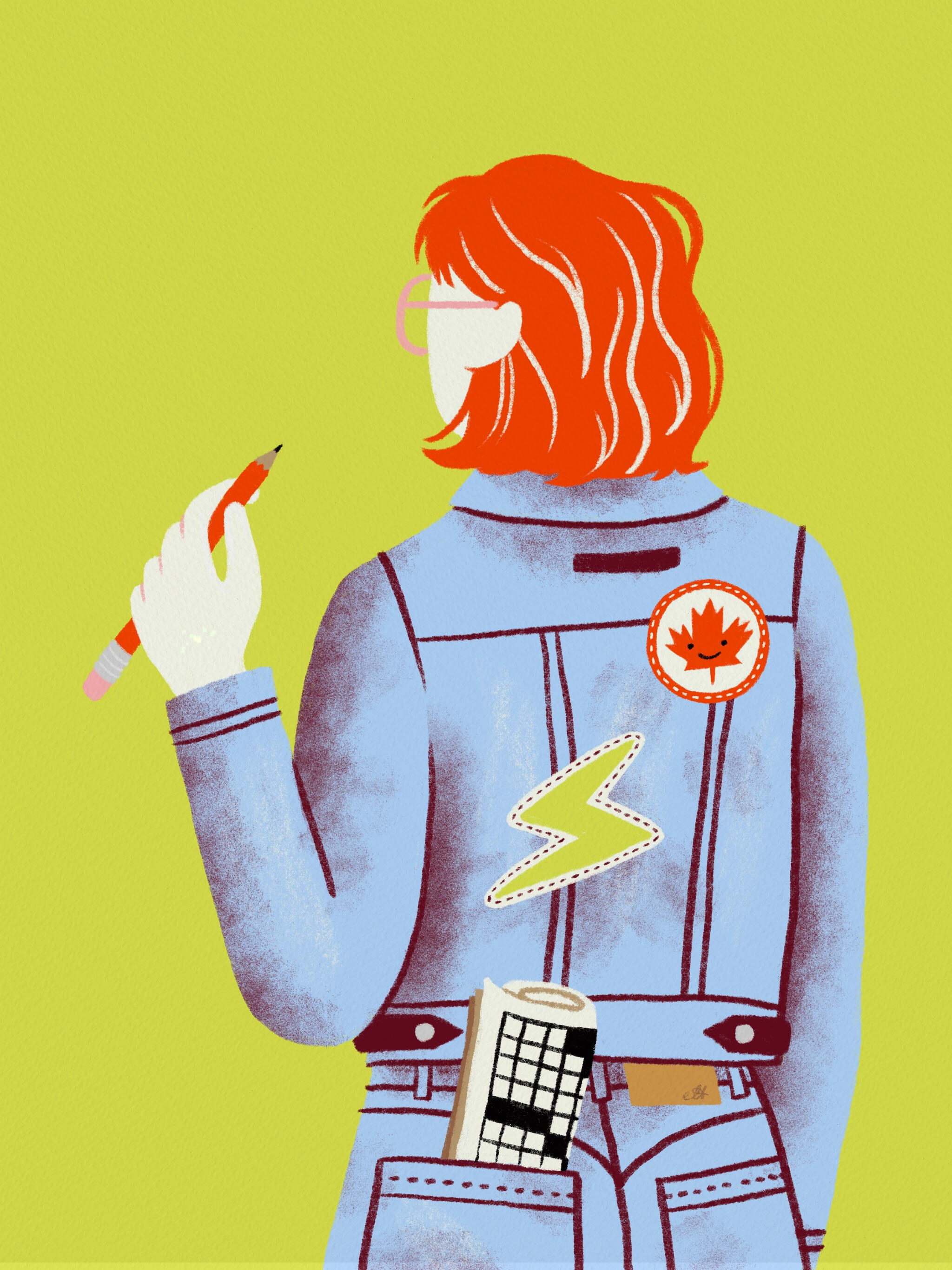 Illustration of a person wearing a denim jacket and jeans with a crossword puzzle in their pocket.