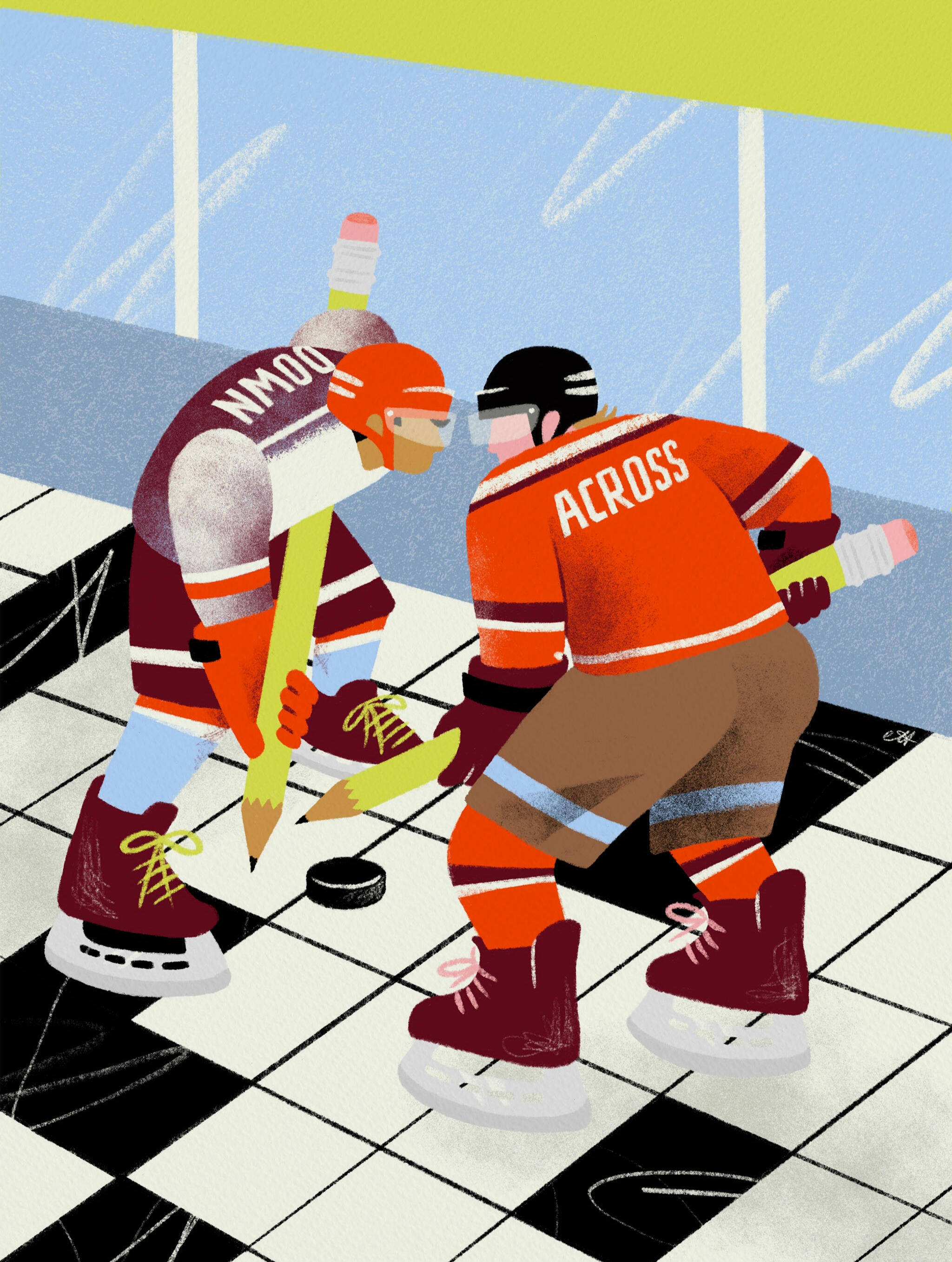 Illustration of two hockey players facing off with giant pencils on a giant crossword rink.