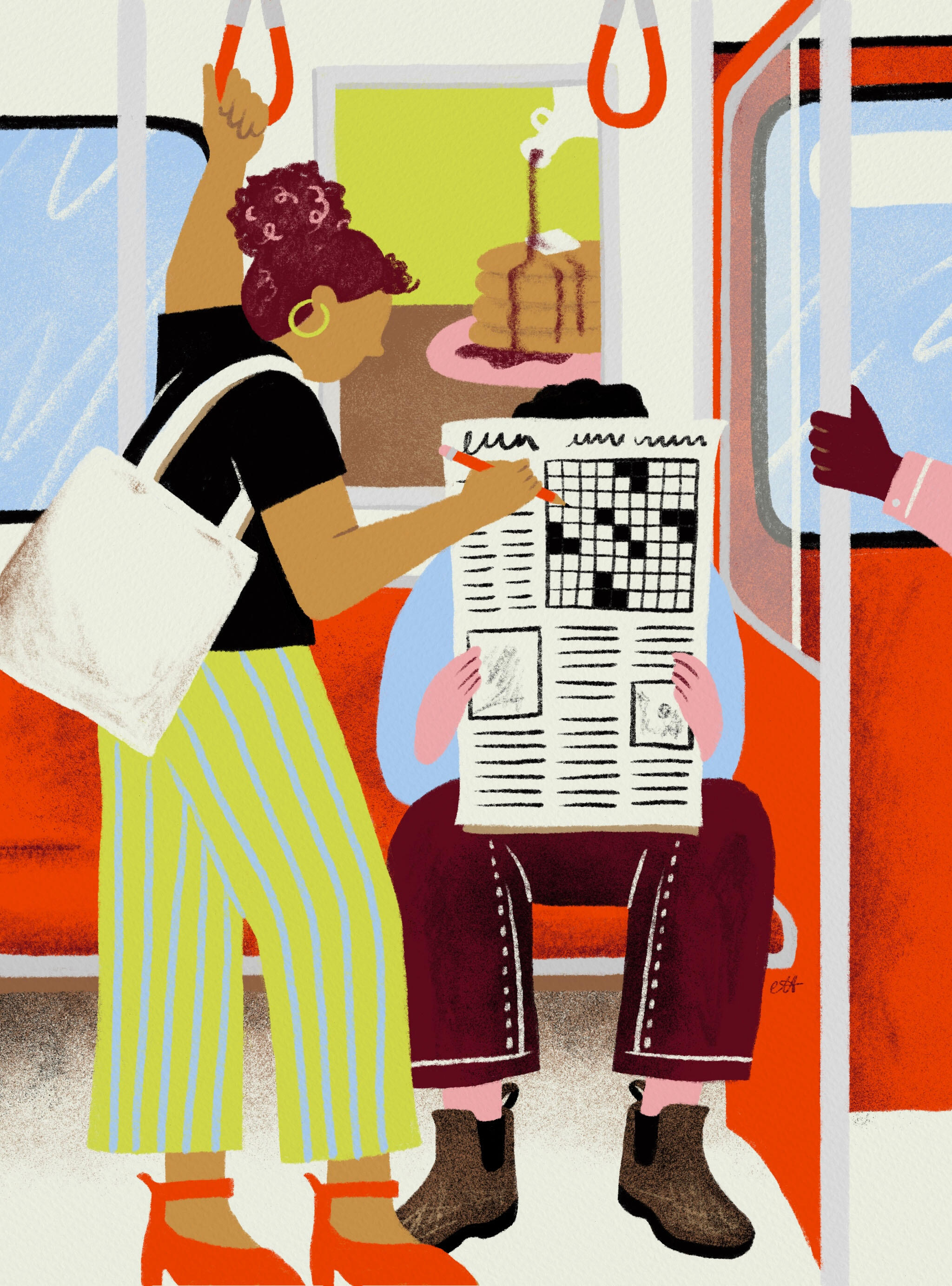 Illustration of a woman on the Toronto subway solving a puzzle on another rider's newspaper.