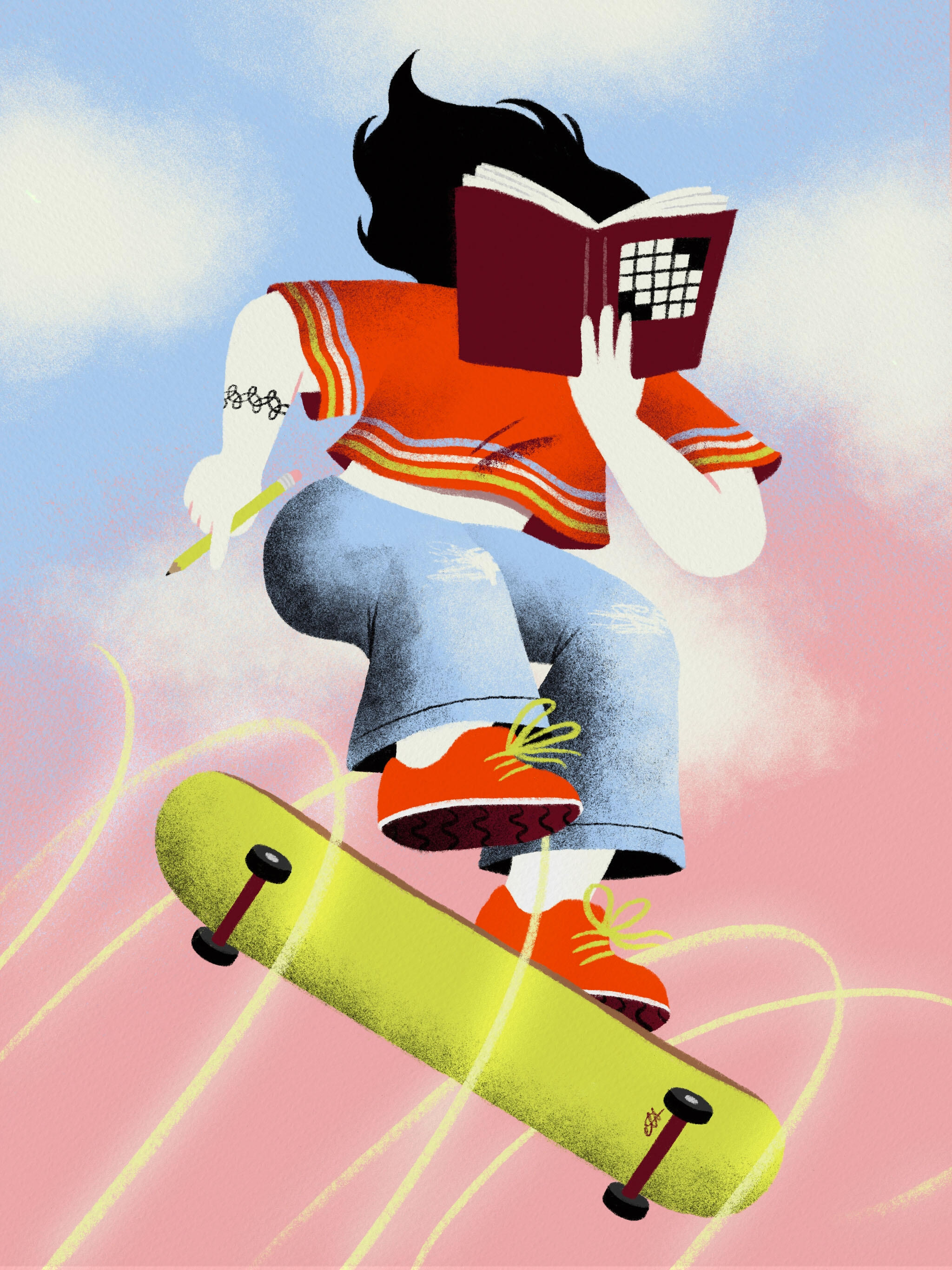 Illustration of a skateboarder performing an ollie while solving puzzles in a book.