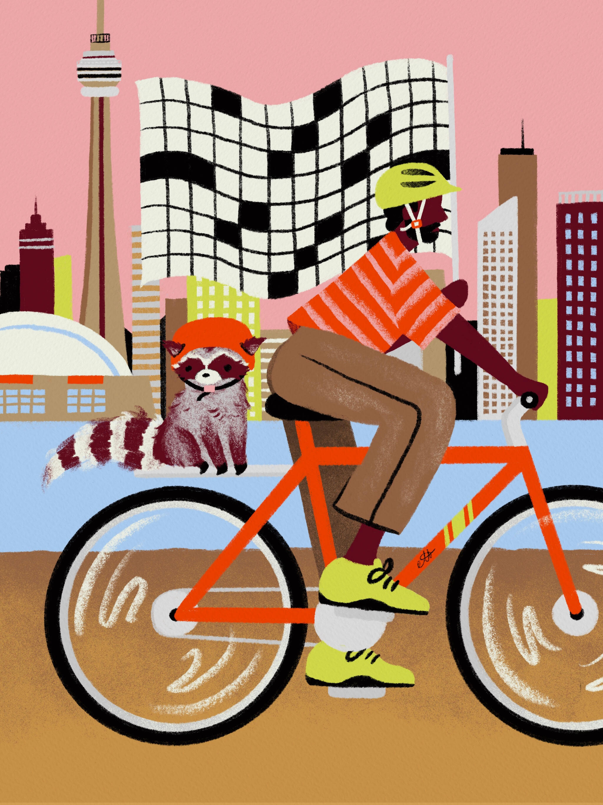 Illustration of a cyclist and raccoon on a bike with a crossword flag in downtown Toronto.